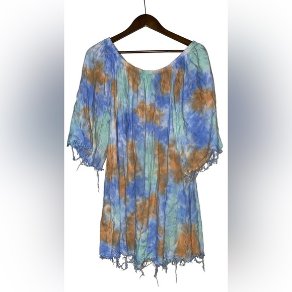Audrey 3+1 Dresses & Skirts - Audrey 3+1 Women Tie Dye Frayed‎ Hemline Mini Dress Off Shoulder Boho Hippie M